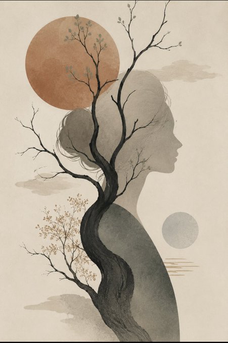 A muted watercolor-style illustration showing the silhouette of a woman's profile with a dark tree growing through her form, a terracotta sun in the upper left, and a gray moon in the lower right.