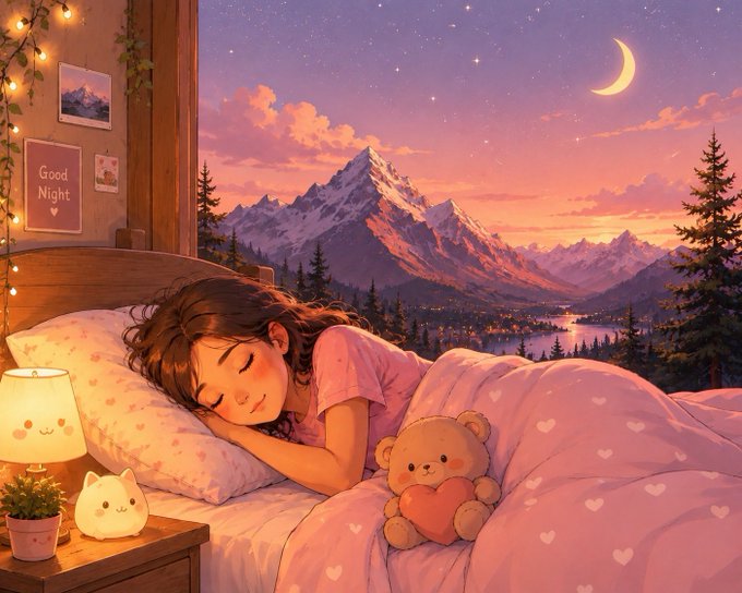An anime-style illustration of a girl sleeping peacefully in bed with a teddy bear, with a 'Good Night' sign on the wall and a scenic mountain landscape at twilight with a crescent moon visible through the window.