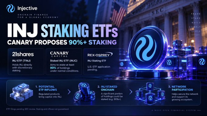 Promotional graphic for Injective titled 'INJ STAKING ETFs - CANARY PROPOSES 90%+ STAKING,' highlighting ETFs from 21shares, Canary Capital, and REX-Osprey, with sections on potential ETF inflows, INJ staked onchain, and network participation.