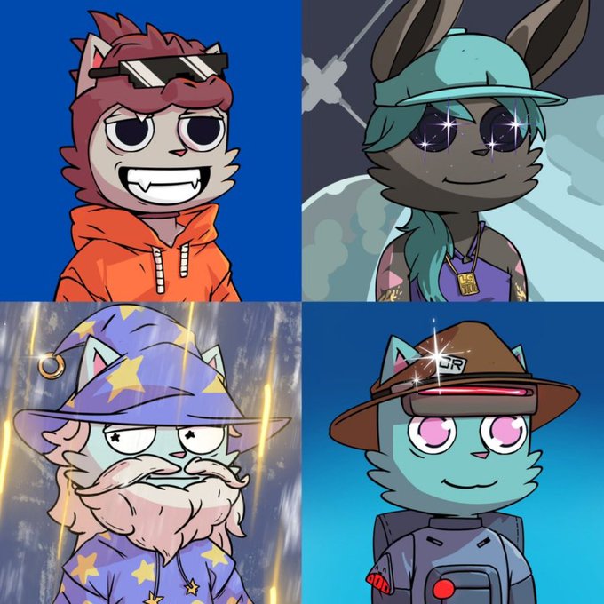 A four-panel collage of stylized cartoon cat characters with various accessories (sunglasses, cap, wizard hat, scout hat), promoting an ODDCATS giveaway offering 5 guaranteed whitelist spots through a social media contest.