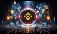 An abstract, symmetrical digital artwork featuring a glowing oval portal or eye-like design with yellow diamond patterns, surrounded by red and blue cosmic elements and floating golden orbs.