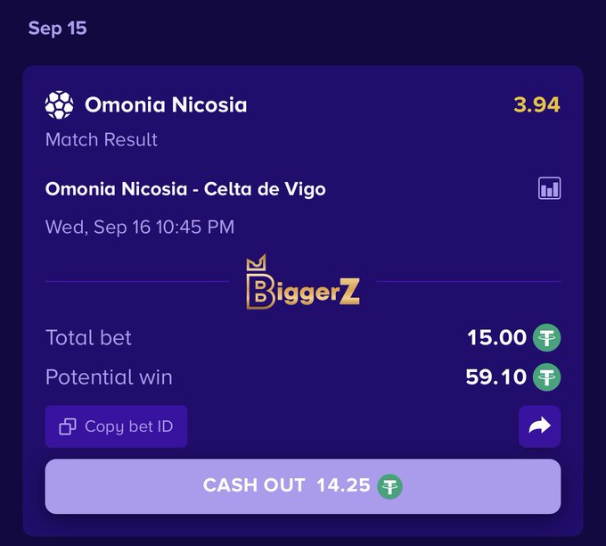 A dark blue sports betting app screen from 'BiggerZ' showing a match result for 'Omonia Nicosia' with odds of 3.94, a total bet of 15.00, potential win of 59.10, and a 'CASH OUT 14.25' button.