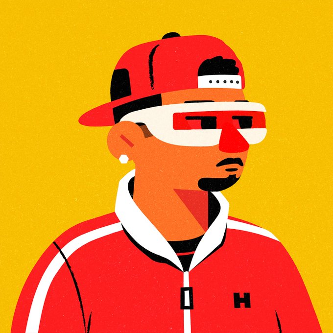 Stylized vector illustration of a man with a goatee wearing a red cap, white sunglasses, white earring, and red jacket with white stripes against a yellow background, with 'H' logo visible on the jacket.