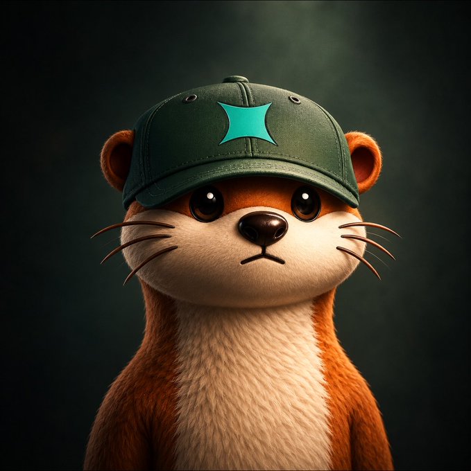 A 3D-rendered otter character wearing a dark green baseball cap with a teal star emblem stares directly forward against a moody dark background.