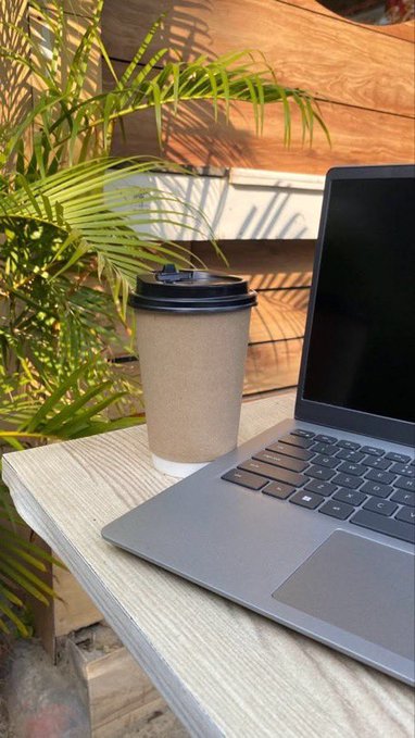 A coffee cup and laptop sit on a wooden table beside tropical plants, capturing a quiet morning work setup that perfectly matches the "GM" (good morning) greeting. The sunlight on the leaves and rustic wood creates an inviting, productive atmosphere to start the day.