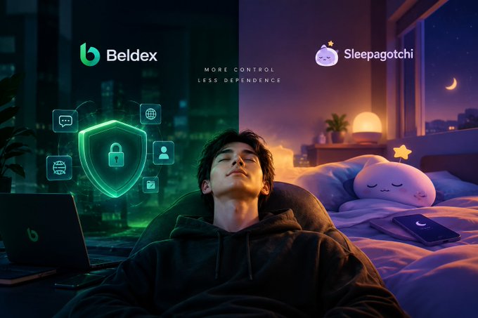 An advertisement displaying logos for 'Beldex' with a green shield icon and the tagline 'MORE CONTROL LESS DEPENDENCE' on the left, and 'Sleepagotchi' with a crescent moon icon on the right, featuring a person resting in a bed in the center.