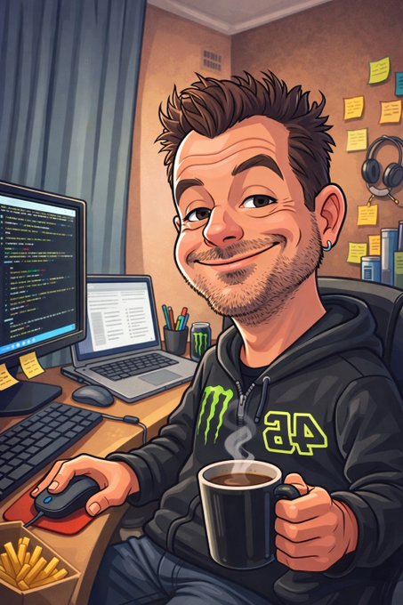 A cartoon-style illustration shows a relaxed, smiling developer in a black Monster Energy hoodie sitting at his dual-monitor setup coding, holding a steaming mug of coffee. The "good morning" caption pairs with the image's depiction of a casual coder embodying crypto's future—technology so seamlessly integrated into daily life that it fades into the background of routine work.