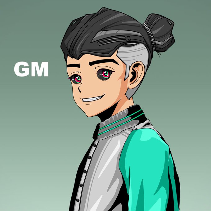 An anime-style illustration of a character with gray hair in a bun, pink eyes, wearing a teal and black outfit, with the text 'GM' (good morning) displayed in white letters.