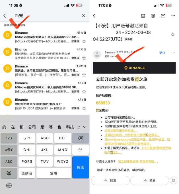 The image shows a Binance email account activation screenshot from March 8, 2024, displaying a verification code (668533) in an opened email. It connects to the post by providing visual evidence of the author's Binance registration date, confirming the timeline of their crypto journey.
