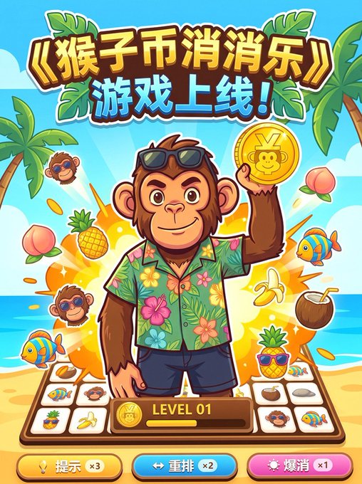 A colorful mobile game promotional graphic featuring a cartoon monkey in a Hawaiian shirt holding a gold coin, with Chinese text '《猴子币消消乐》游戏上线!' (Monkey Coin Match Game Launched!) and Level 01 displayed.