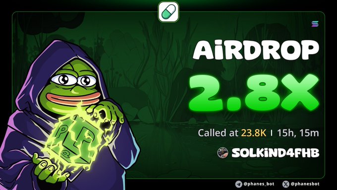 A promotional graphic features the 'Sad Pepe' meme holding a glowing green pill, advertising an 'AIRDROP 2.8x' for 'SOLKiND4FHB' called at 23.8K with 1h 15m remaining.