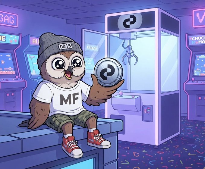A cartoon owl wearing a beanie, white 'MF' t-shirt, and camo shorts sits on a bench in an arcade holding up a coin with a logo, next to a claw machine.