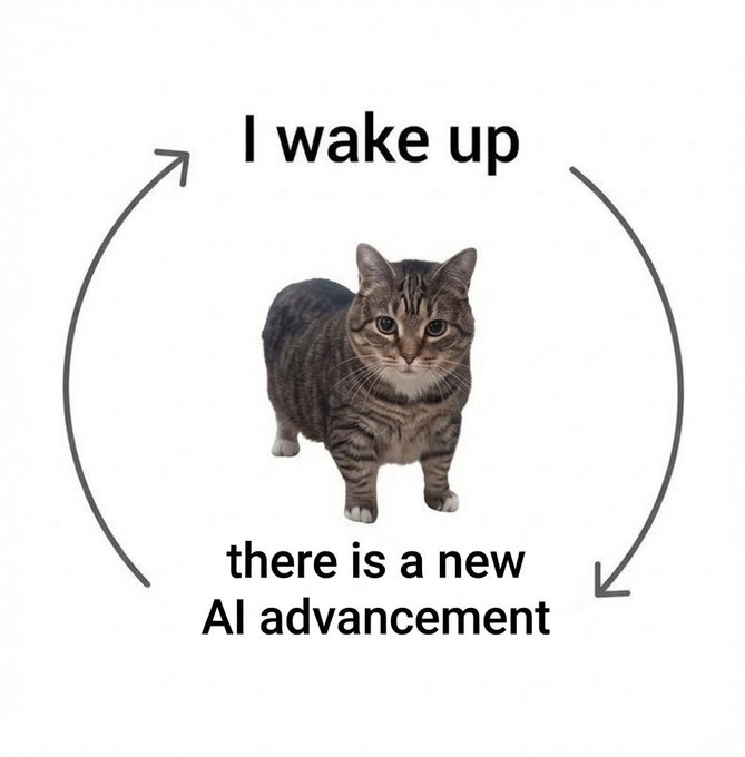 A meme featuring a chubby tabby cat standing in the center of a circular arrow diagram with text reading "I wake up" at the top and "there is a new AI advancement" at the bottom, representing the endless cycle of AI news.