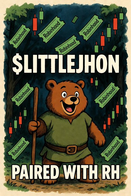 A cartoon bear in a green tunic holding a staff stands in a forest, surrounded by candlestick charts and tickets labeled 'Robinhood,' with the text '$LITTLEJHON' and 'PAIRED WITH RH.'