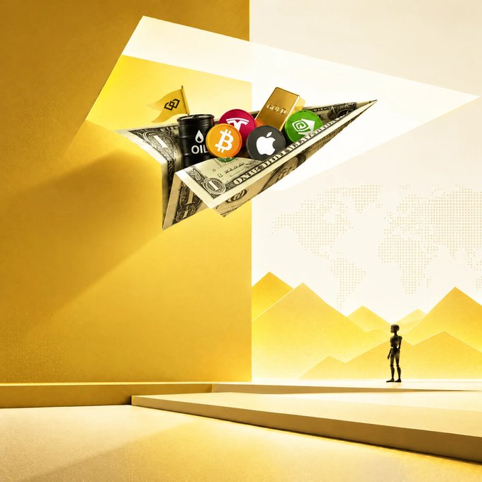 A stylized 3D illustration depicting a paper airplane carrying various cryptocurrency coins (including Bitcoin) and physical money, flying over a yellow minimalist landscape with a small figure watching.