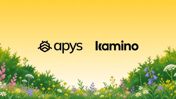 The image displays the logos of "apys" and "Kamino" side by-side on a yellow background with a colorful meadow of wildflowers along the bottom, visually representing the partnership described in the post where apys routes liquidity to Kamino, Solana's largest stablecoin lending market.