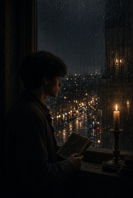A young man sits in silhouette by a rain-streaked window at night, reading a book beside a flickering candle, gazing out over a dimly lit cityscape. The contemplative, still scene mirrors the post's quiet tone—reflecting how BTC closed the month with calm digestion of Friday's spike rather than dramatic movement.