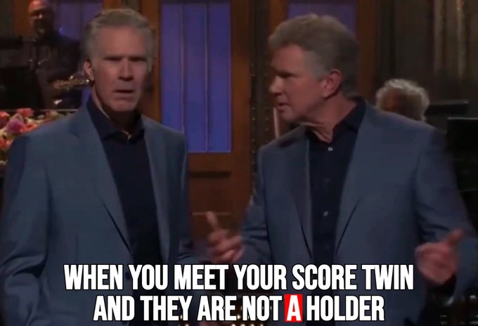 The image features two men dressed in suits standing next to each other with one of them holding a sign that says "When you meet your score twin and they are not a holder". The text above the image reads, "You haven't checked out the ORIGINALS yet? Let me hit you with some straight talk. @Appreciators_IO is one of those Ethereum projects that's been around the block, and now it's making waves on peChain".