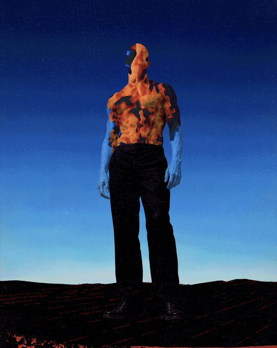 A surreal artwork depicting a figure standing on a dark landscape against a deep blue sky, with the upper body composed of fiery orange and red flames contrasting with blue-tinted hands.