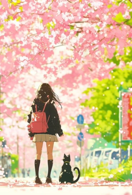 An anime-style illustration of a girl with long brown hair wearing a school uniform and red backpack, standing beside a black cat under a canopy of pink cherry blossoms.