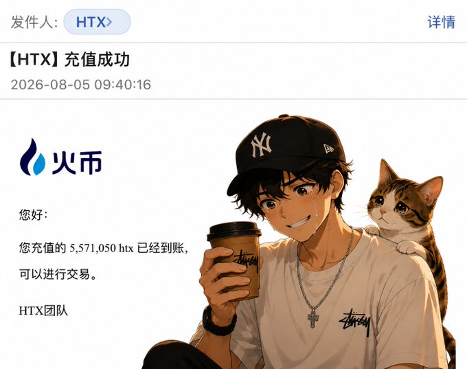 An HTX (Huobi) exchange notification in Chinese confirming a successful deposit of 5,571,050 htx tokens, overlaid with an anime-style illustration of a young man wearing a NY Yankees cap holding a coffee cup with a cat on his shoulder.