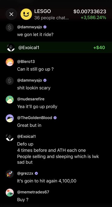 A screenshot of a Pump.fun livestream chat for the token 'LESGO' ($0.00733623, +3,586.24%) where users discuss the token's price movement with messages like 'we gon let it ride?' and 'shit lookin scary'.
