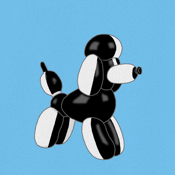 A glossy black-and-white balloon dog figurine floats against a textured blue background, styled like a Jeff Koons sculpture. In the context of "adopt a poodle," the image cleverly plays on the word "poodle," substituting a sleek balloon-animal interpretation of the breed for a real one.