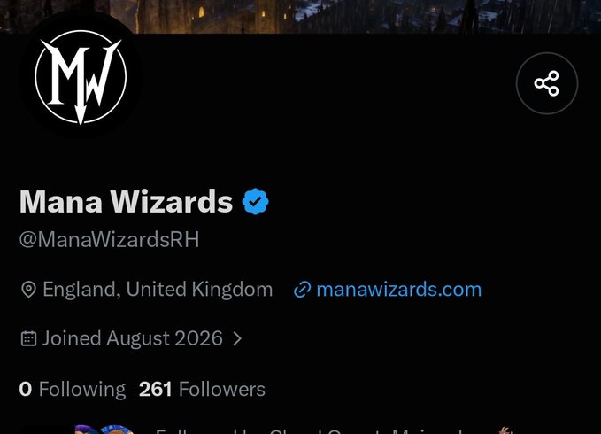 Twitter/X profile page for "Mana Wizards" (@ManaWizardsRH) with a verified checkmark, located in England, United Kingdom, joined August 2026, with 0 following and 261 followers.