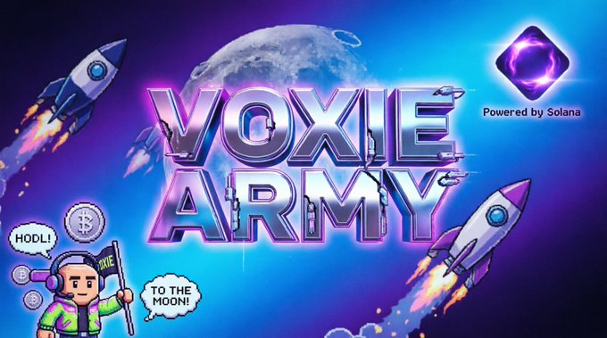 A promotional graphic for 'VOXIE ARMY' features a cartoon astronaut with speech bubbles saying 'HODL!' and 'TO THE MOON!' alongside rockets and the text 'Powered by Solana' on a space-themed background.