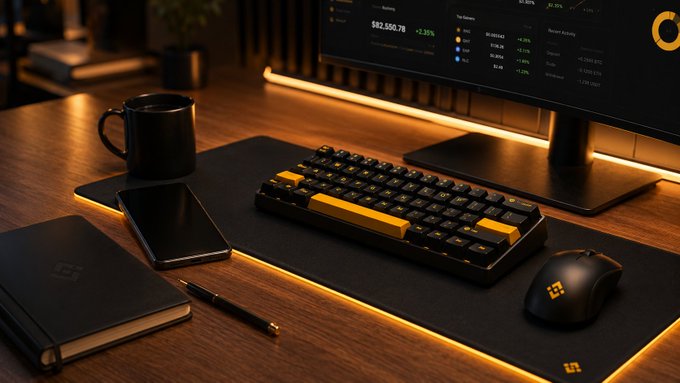 A sleek, dimly-lit trading desk setup featuring a monitor displaying "DOGE" with a price of "$82,550.78 +2.35%", alongside a black and gold mechanical keyboard, RGB mouse, smartphone, notebook, pen, and coffee mug, all glowing with warm ambient lighting. The image ties into the post's "hidden candle" challenge, as the warm backlighting along the monitor and desk edges subtly resembles candlestick glows fitting a trading theme.