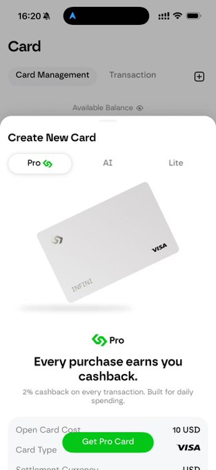 The image shows the Infini Card app's "Create New Card" screen, highlighting the Pro card option with details including a 10 USD opening cost, VISA type, and a "Get Pro Card" button, promoting unlimited 2% cashback on every purchase.