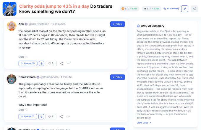 A news summary titled 'Clarity odds jump to 43% in a day - Do traders know something we don't?' featuring tweets from Ami (@whatthehoken) and Dom Einhorn (@domieinhorn) discussing Polymarket odds on the Clarity Act passing in 2026.