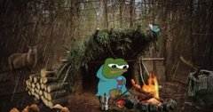 An image of Pepe the Frog character wearing a green spacesuit in a forest setting with a campfire and a dead animal nearby, referencing the 'Pepe the Frog in spacesuit' meme.