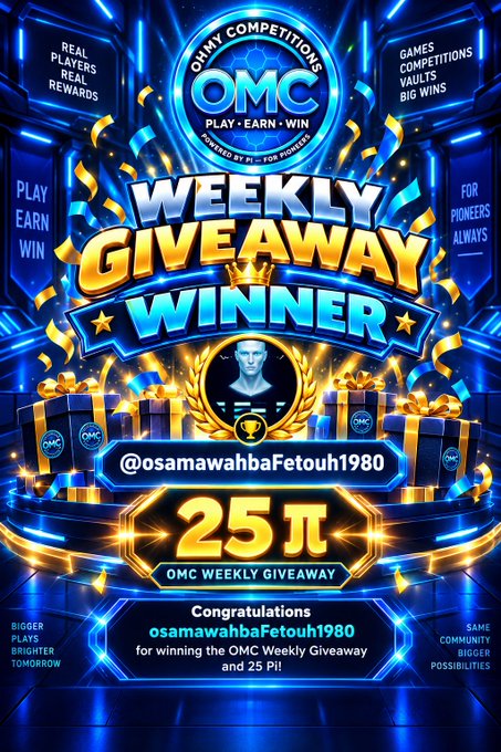 Vibrant blue and gold digital graphic announcing @osamawahbaFetouh1980 as the 'OMC Weekly Giveaway Winner' of 25 Pi cryptocurrency, featuring gift boxes, confetti, and text promoting real players, games, competitions, and big wins.