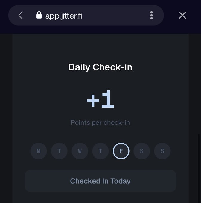 A mobile browser screenshot of app.jitter.fi showing a 'Daily Check-in' screen awarding +1 point, with weekday indicators and a 'Checked In Today' button.