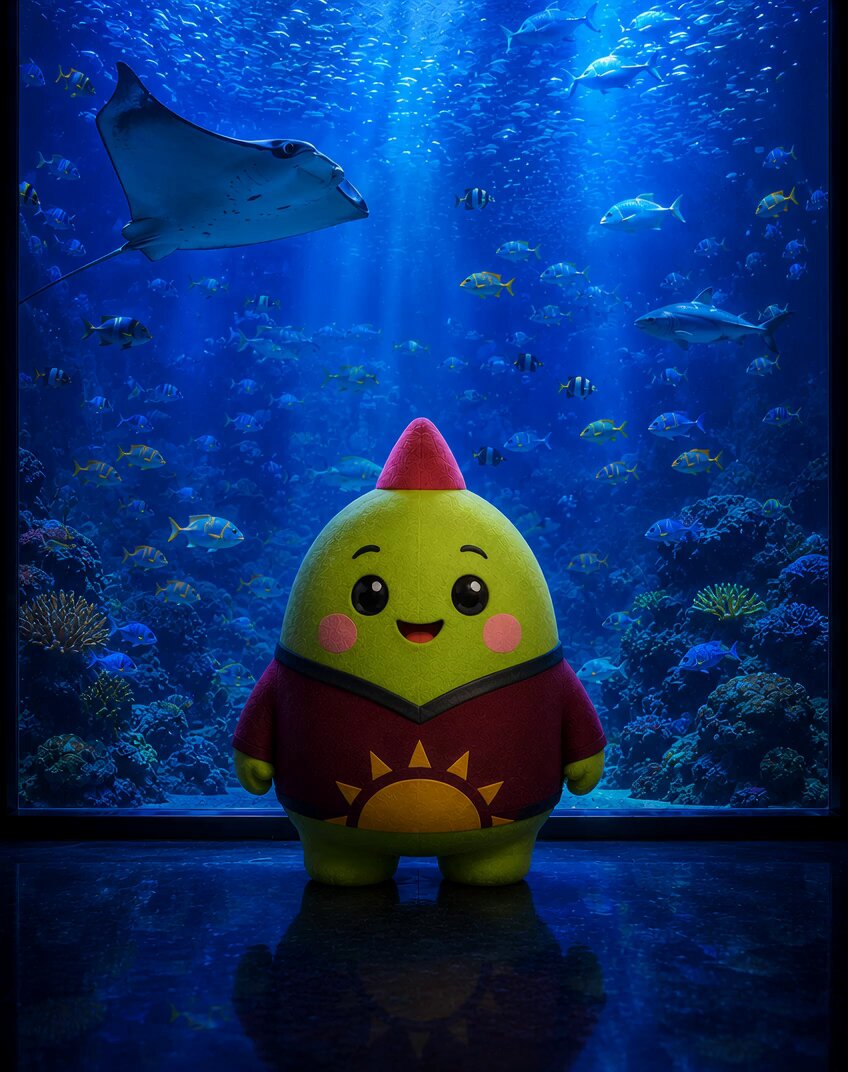 The image shows a cute green character wearing a red shirt, standing next to an aquarium filled with fish. The character appears to be smiling at the camera. The background of the image features a blue ocean scene, which adds to the overall atmosphere of the photo. The caption provided in the image suggests that the focus should be on the character and its surroundings rather than solely on the product or app it represents. This shift from a product-centric model to a data-network model can lead to more valuable experiences for users as they connect with others through shared interests, such as fish enthusiasts visiting aquariums together.