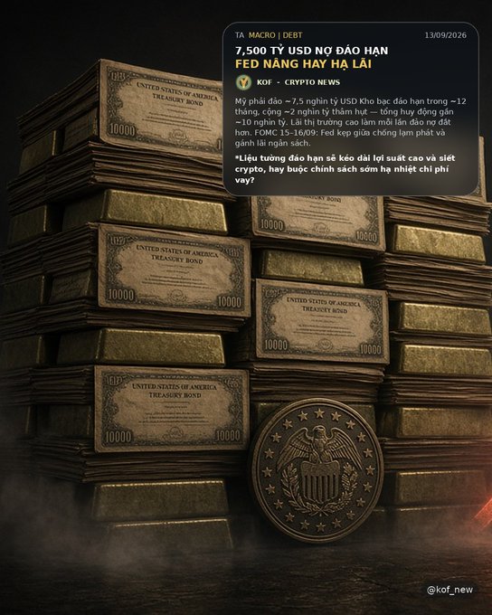 A graphic showing stacks of US Treasury Bonds with a crypto news ticker overlay in Vietnamese titled 'TẢ MACRO | DEBT', discussing $7.5 trillion in matured US bonds and the 'FED ngập hay hạ lãi' (Fed raising or cutting rates).