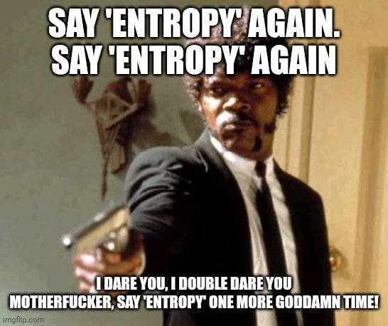 The image is a Pulp Fiction meme featuring Samuel L. Jackson pointing a gun with text threatening the viewer to say "entropy" repeatedly, playfully connecting to the Coinkite post by joking that the Coinkite team is fixated on the concept of entropy.