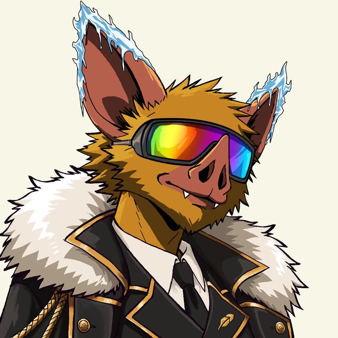 A digital illustration of a bat-like anthropomorphic character with icy-tipped ears, wearing rainbow-tinted visor sunglasses and a black military-style coat with gold trim and a fur collar.