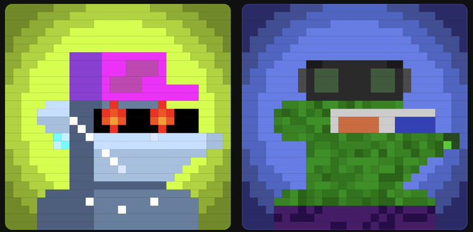 Two pixel art character icons: a robot with a pink hat and red sunglasses on the left, and a green duck-like figure wearing sunglasses on the right.