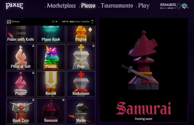 Screenshot of the 'Pixie' game marketplace displaying various chess-themed 3D pieces like 'Pawn with Knife', 'Phase Rook', and 'Pilgrim', with a highlighted 'Samurai' piece marked 'Coming soon!' on the right.