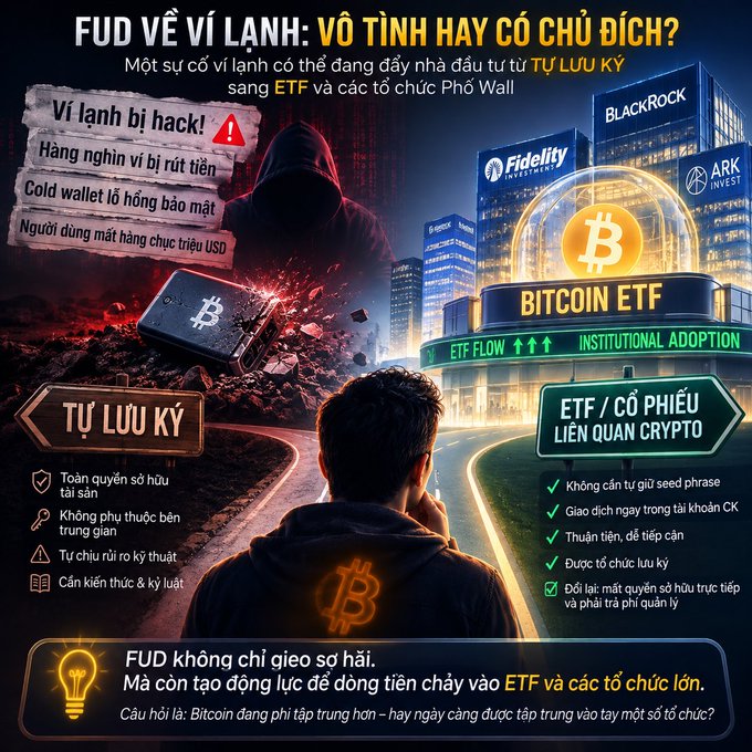 A Vietnamese crypto graphic titled 'FUD VỀ VÍ LẠNH: VÔ TÌNH HAY CÓ CHỦ ĐÍCH?' contrasts cold wallet risks (hacking, lost seed phrases) with Bitcoin ETF benefits, mentioning BlackRock, Fidelity, and ARK Invest institutions.