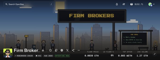 An OpenSea NFT listing page for "Firm Broker" from the Robinhood Chain collection, showing pixel art of businessmen and stock ticker-style information with floor price of 0.0039 ETH.