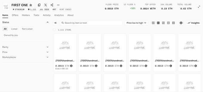 A screenshot of the "FIRST ONE" NFT collection page on OpenSea, displaying 1,111 items with a floor price of 0.0019 ETH (+90%), highlighting the teaser for an upcoming reveal event in 2 days.