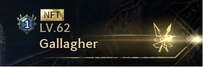 A game interface displays an NFT character named 'Gallagher' at LV.62 with a golden rank emblem.