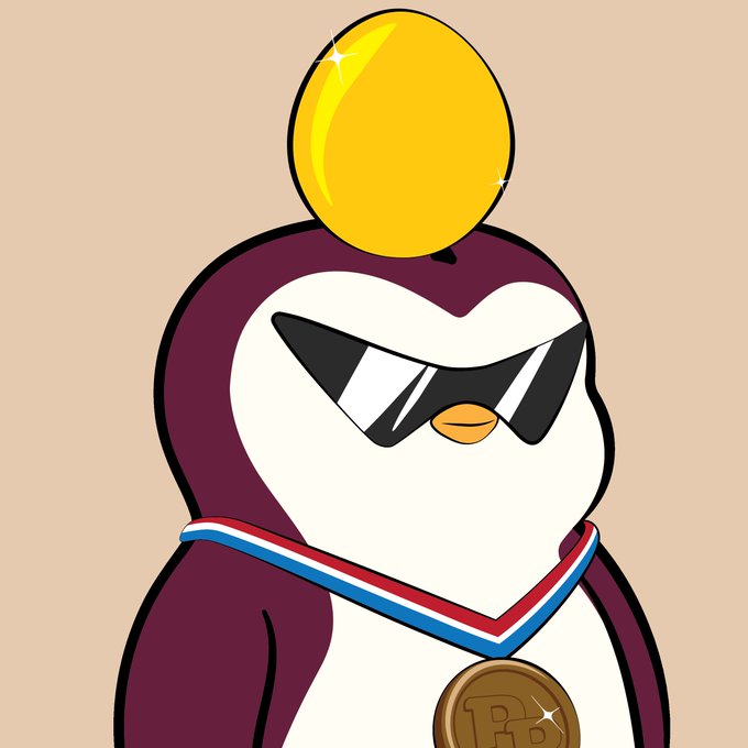 A cartoon penguin wearing sunglasses, a maroon hoodie, and a gold Bitcoin medal with a glowing yellow sphere on its head.