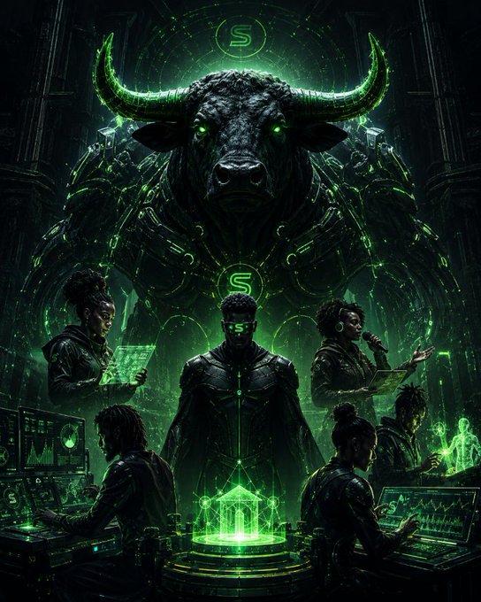 A sci-fi digital artwork featuring a giant horned bull-like figure with green glowing accents, surrounded by people working at holographic computer stations.