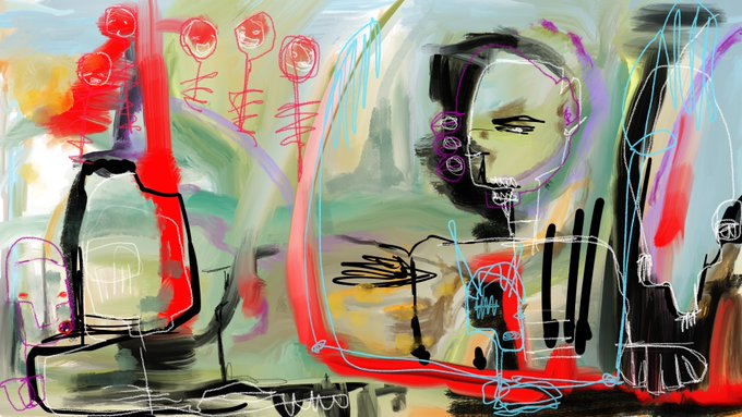 An abstract digital painting features chaotic brushstrokes in red, green, blue, and black, with sketch-like elements including a figure on the left and a face on the right.