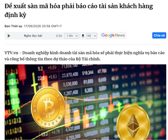 A Vietnamese news article from VTV.vn dated 17/09/2026 titled 'Đề xuất sàn mã hóa phải báo cáo tài sản khách hàng định kỳ' (Proposal for crypto exchanges to periodically report customer assets), showing Bitcoin and Ethereum coins overlaid on a candlestick chart.