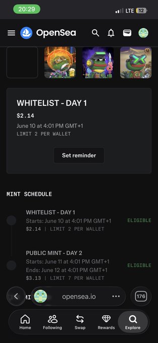 The image shows a phone screen displaying an openSea app with a list of items for sale, including a Whitelist item that has been marked as sold. The app also provides information about the Minting process and the expected release date of the Minted token. The user's account is linked to this app, and they have made a mint from it last month. The post mentions that the Minted token is almost ready for purchase, and the user has already owned some of the items on the list.